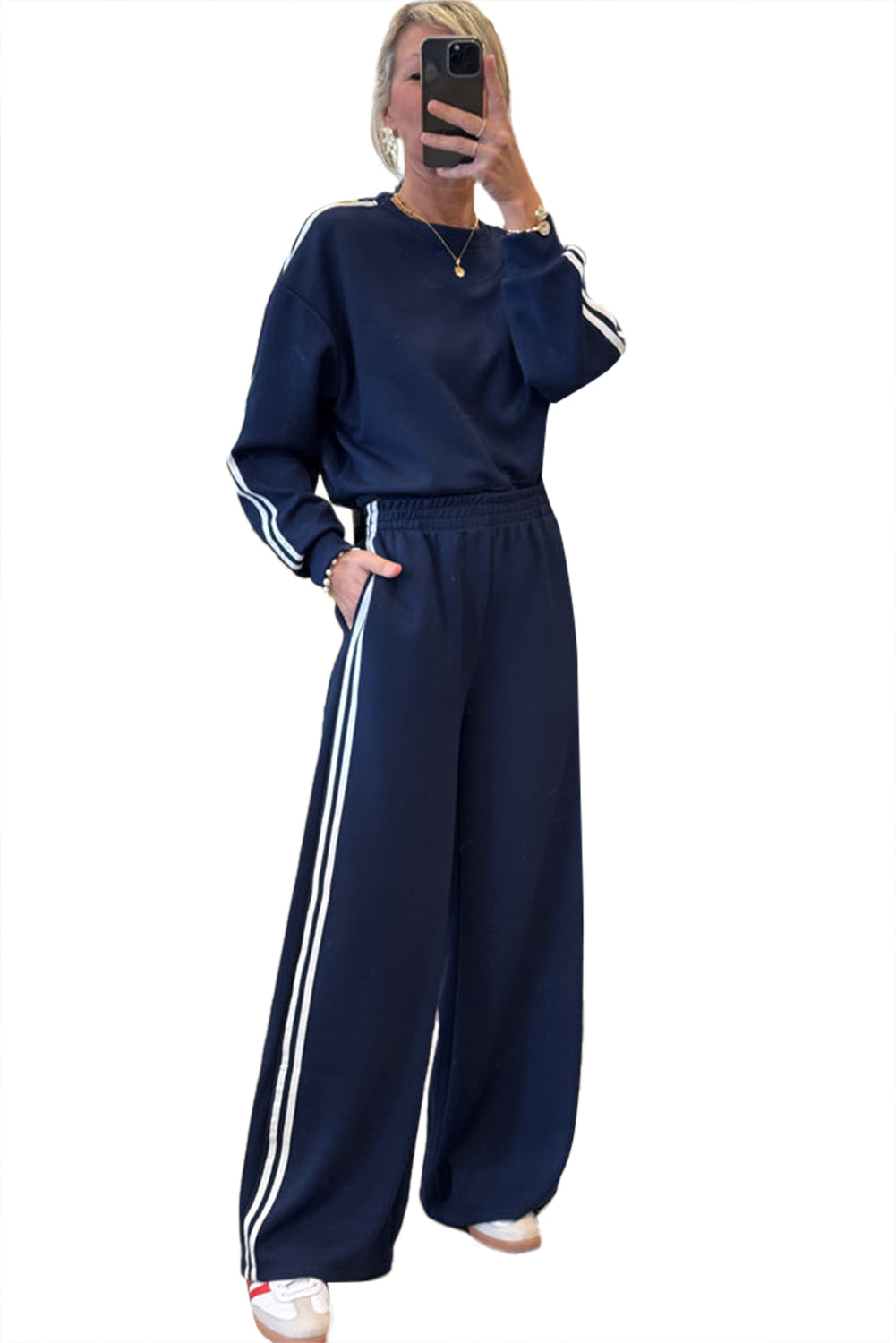 Black Varsity Striped Detail Cropped Pullover Wide Leg Pants 2pcs Outfit