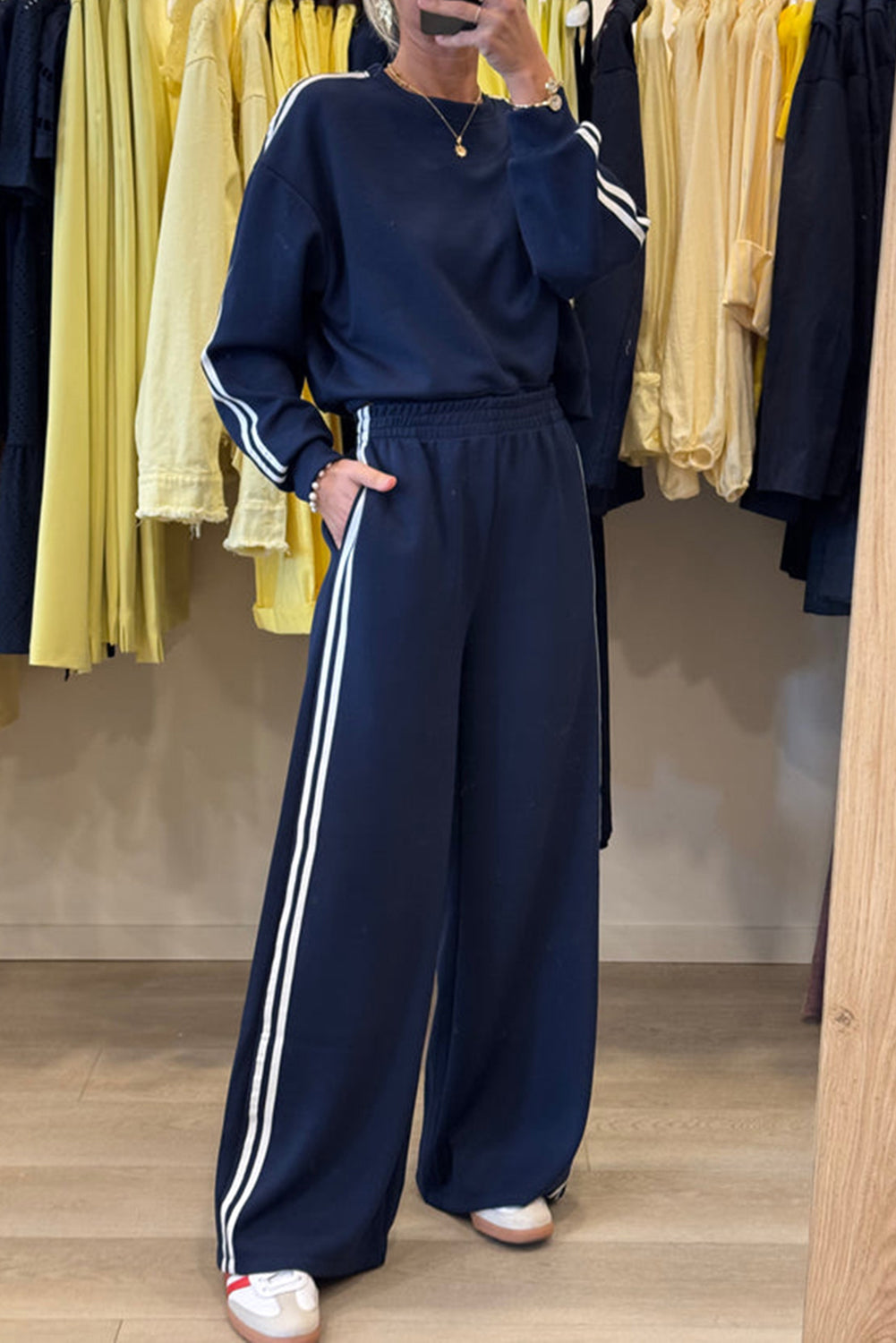 Black Varsity Striped Detail Cropped Pullover Wide Leg Pants 2pcs Outfit