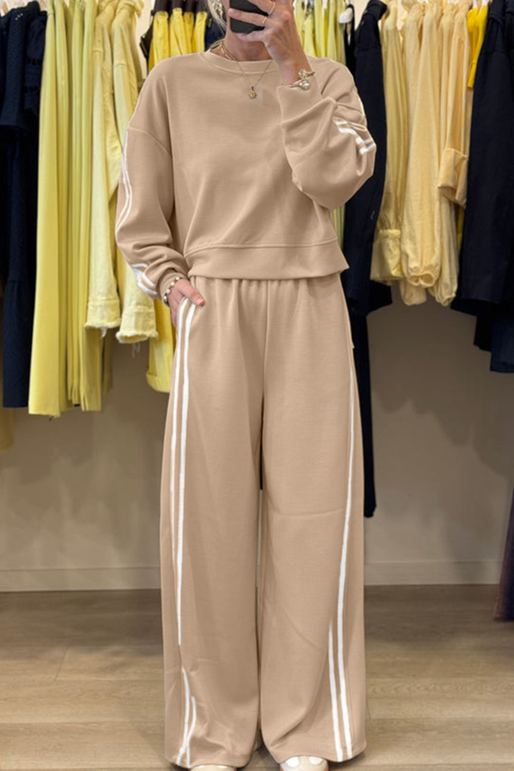 Black Varsity Striped Detail Cropped Pullover Wide Leg Pants 2pcs Outfit