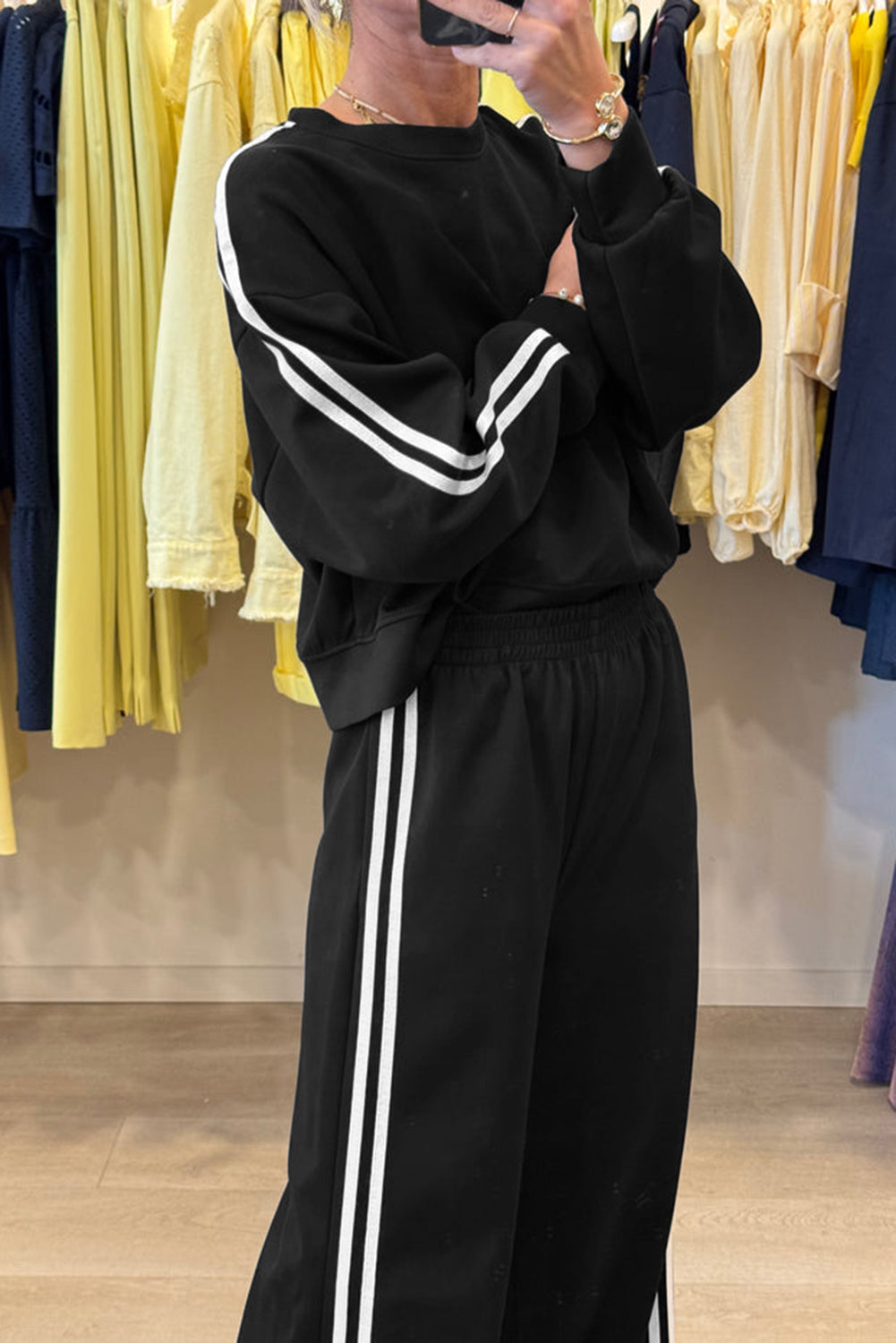 Black Varsity Striped Detail Cropped Pullover Wide Leg Pants 2pcs Outfit