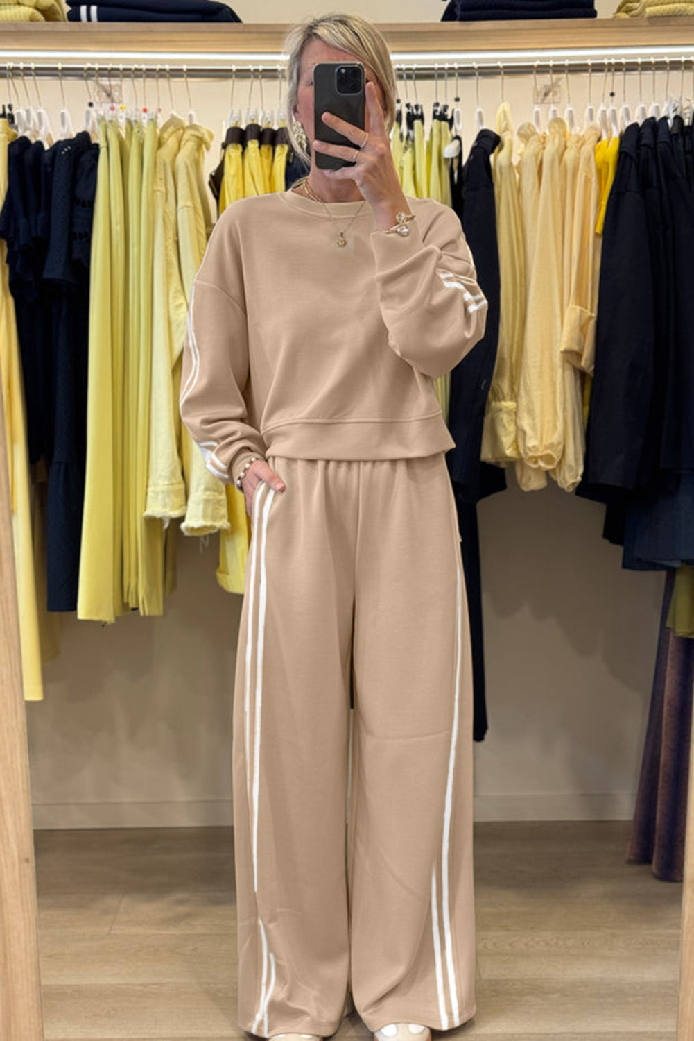 Black Varsity Striped Detail Cropped Pullover Wide Leg Pants 2pcs Outfit